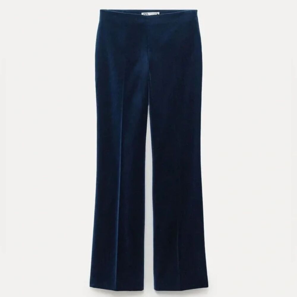 Navy Blue ZARA Velvet High-Waisted Straight Leg Trousers Pants (NWT)